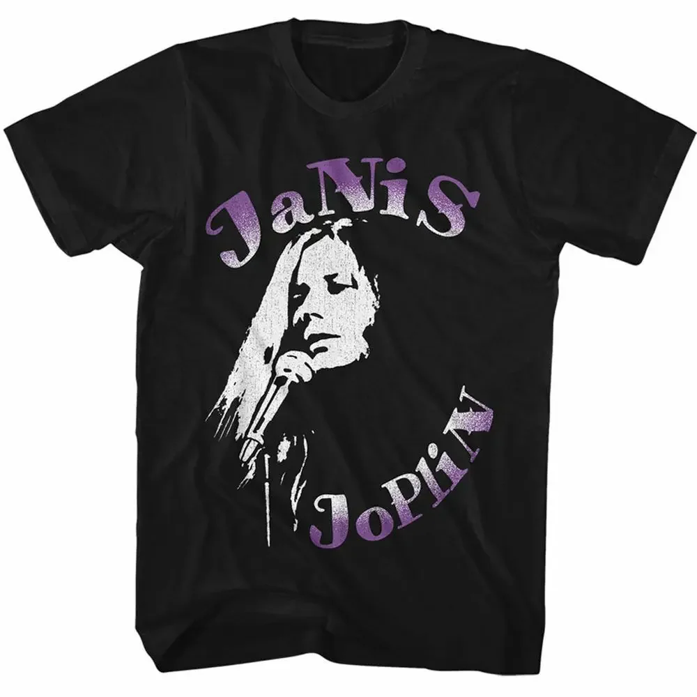 Janis Joplin On The Mic Black Adult T Shirt