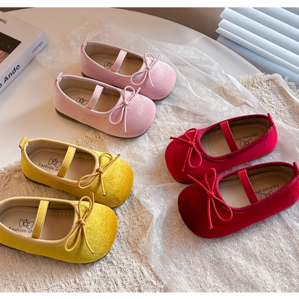 Girls' Solid Color Single Shoes, Cute Bow Princess PU Leather Spring Summer 2026, Suitable Toddlers, Medium and Large Children