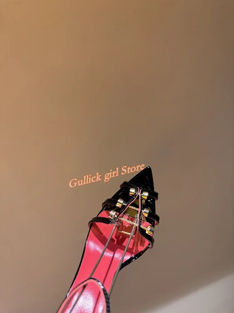 Metal Rivet Ankle Strap Sandals Super High Heel Sexy Pointed Toe Nude Black Red Fashion 2024 Summer Women Runway Shoes Handmade