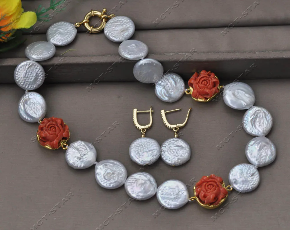 Z13584 Set 18" 20mm White Coin Freshwater Pearl Pink Resin Flower Necklace Earring Custom Jewelry view 2