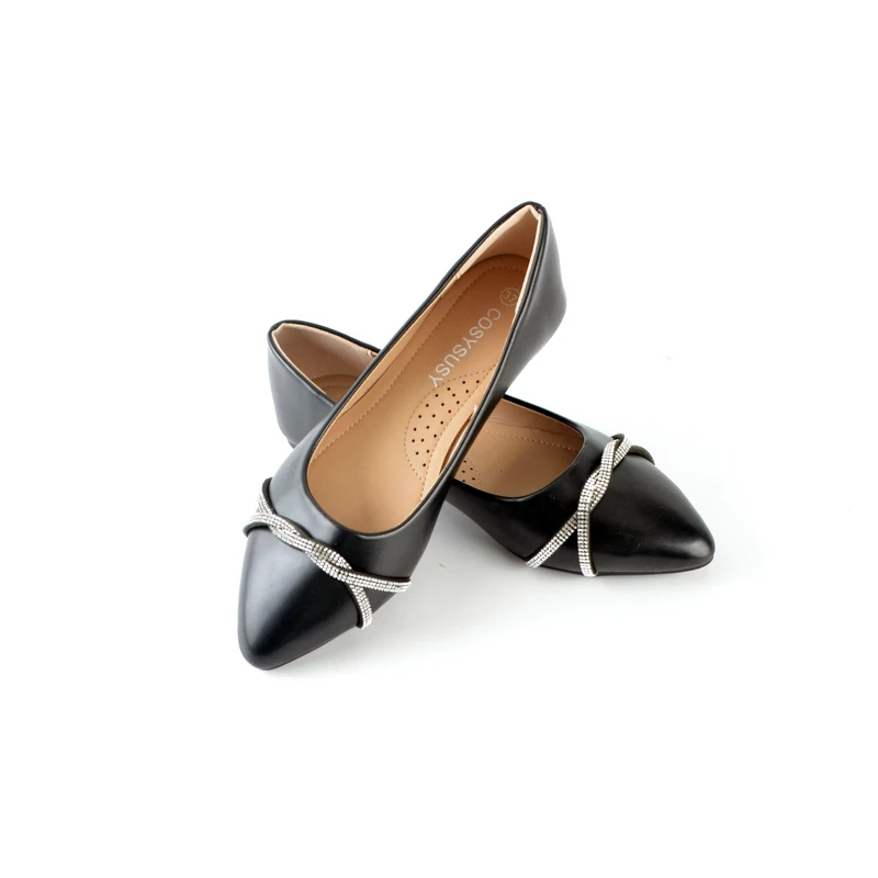 Ladies  Crossed Crystal  strap pointy Toe comfortable Black  Casual Daily Flat Pumps