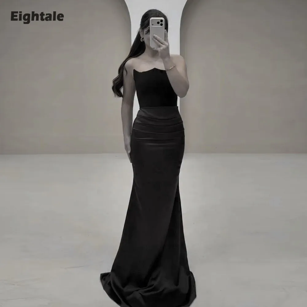 

Eightale Arabic Evening Dress Scoop Prom Gown Customized Floor Length Black Muslim Mermaid Wedding Party Dress