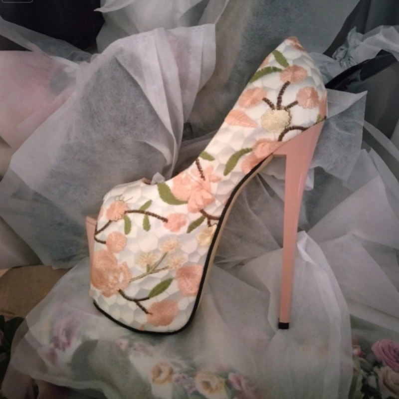 LLXF 2026 Sandals Summer Peep Toe 19cm Thin High-Heeled Sexy Sissy Pumps Woman Embroidery Wedding Shoes Stilettos Plus Size