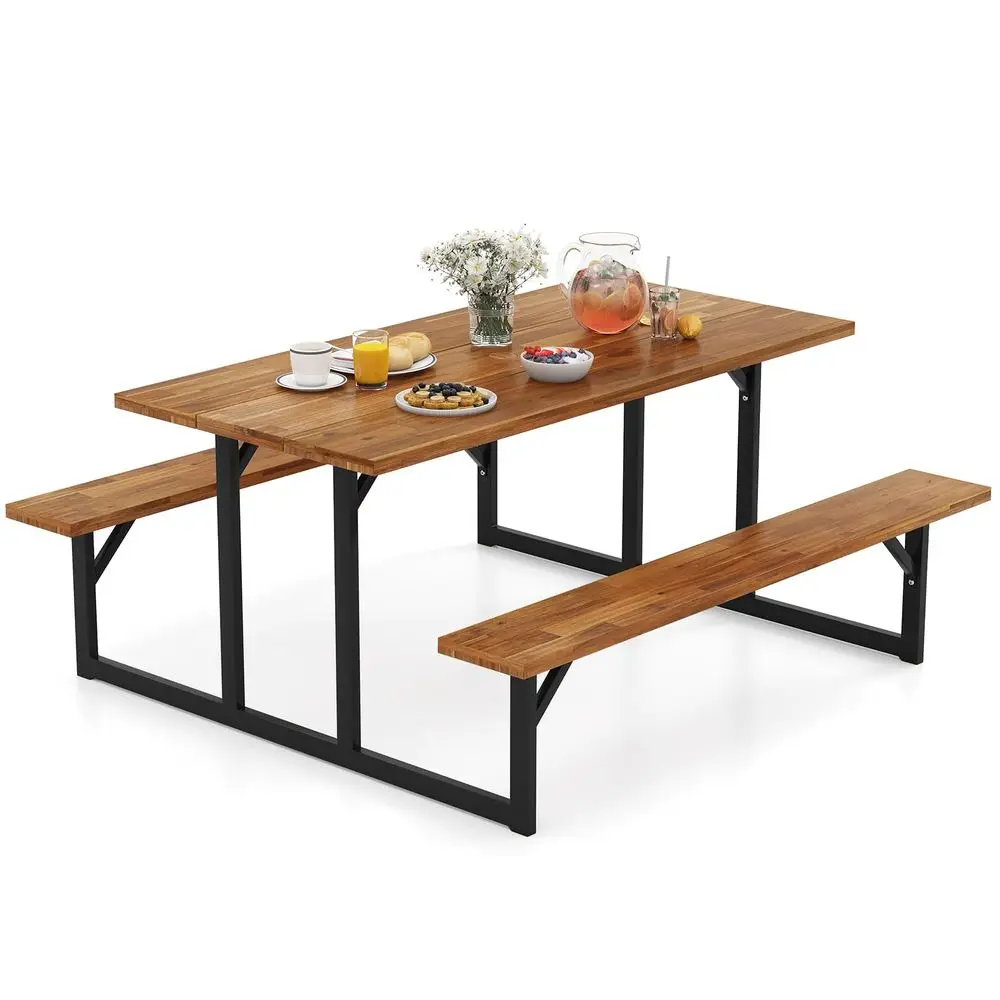 6Person Acacia Wood Picnic Table, Outdoor Rectangular Table and Bench Set with 2 Builtin Benches, Umbrella Hole amp Metal Frame