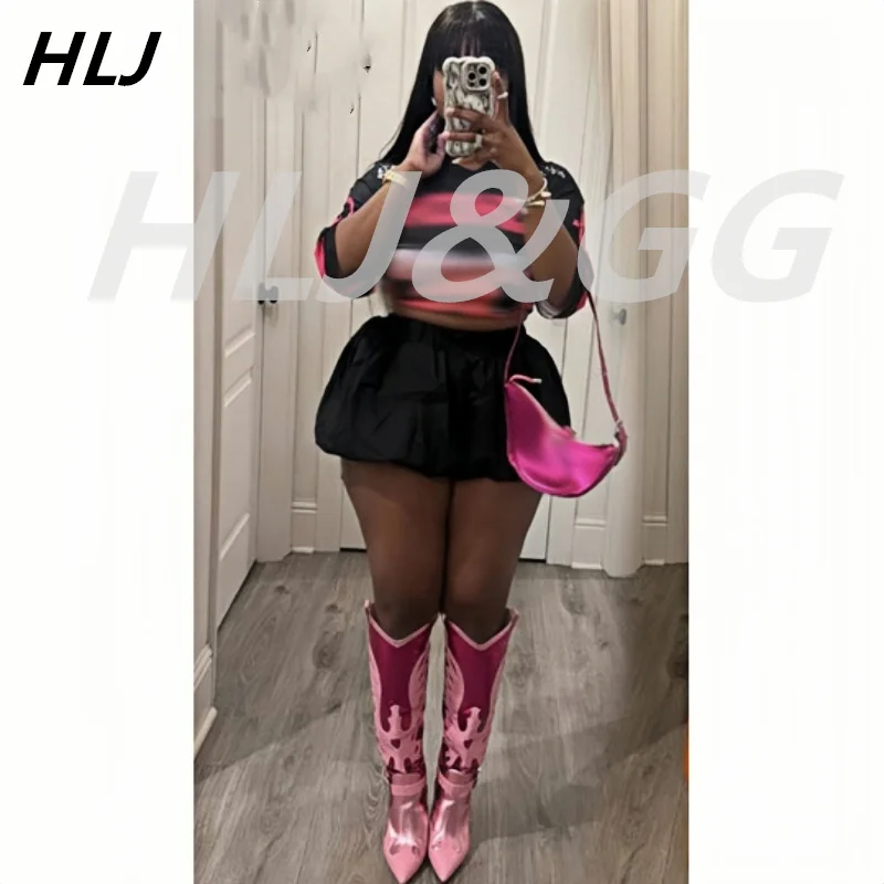 HLJ Fashion Bubble Mini Skirts Two Piece Sets Women V Neck Loose Tshirts And Skirts Outfits Black Letter Print 2pcs Streetwear