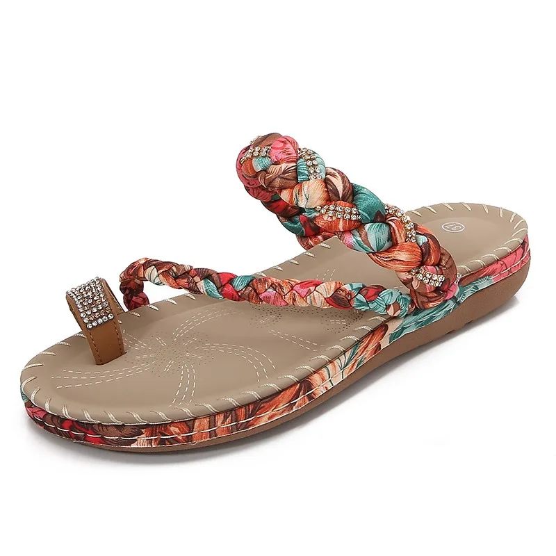 Birkuir Retro Flip Flops Slippers For Women Summer Slides Luxury Weave Dress Sandals 2026 Rhinestone Bohemia Beach Shoes Size 41