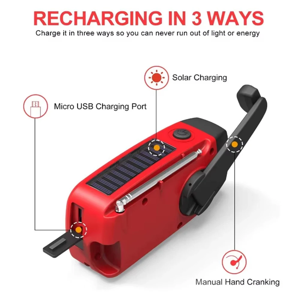 راديو الطوارئ AM/FM/NOAA 600mah USB 5V كرنك اليد تعمل بالطاقة الشمسية راديو الطقس المحمول المدمج في المتكلم 1.5 واط للتخييم