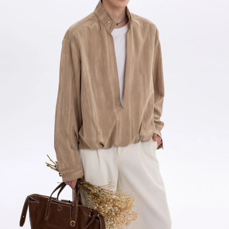 

Spring Long-sleeved Stand-up Collar Shirt Men's Loose Fashion 2026 New Casual Fake Two-piece Men's High-end Shirt