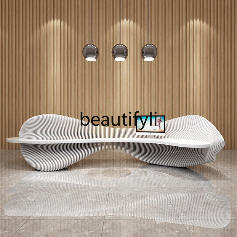 회사 리셉션 데스크 래커 처리된 유리 섬유 기술 프론트 데스크 간단한 현대 계산원 데스크 웰컴 스튜디오 바 카운터