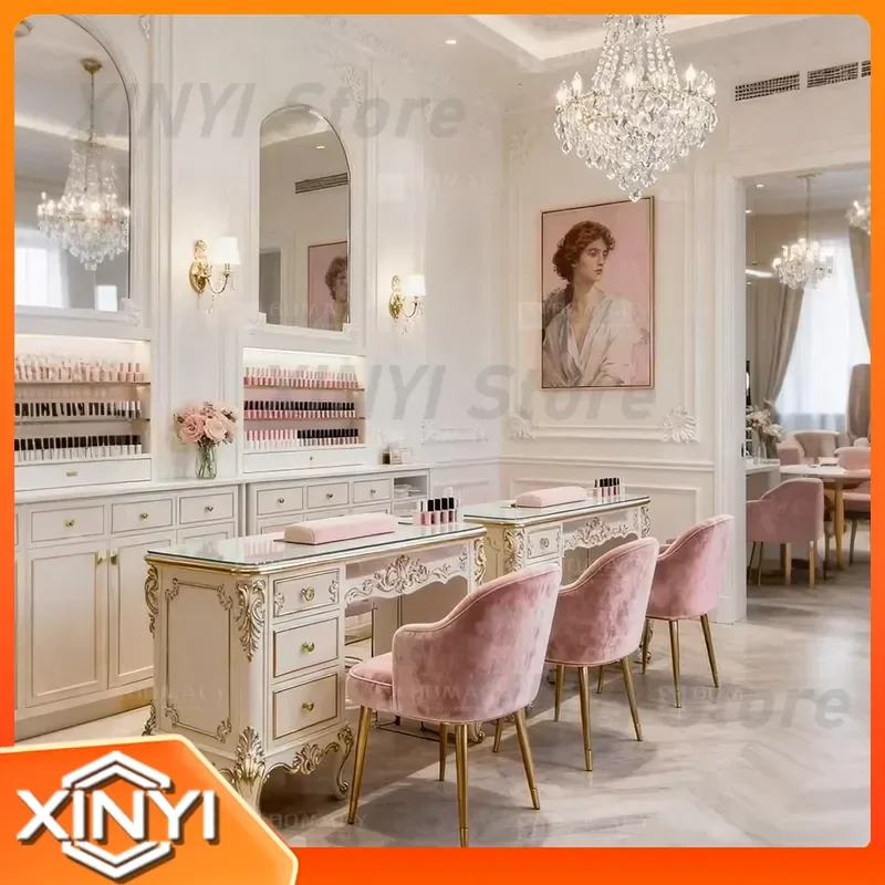 Deluxe Nail Salon Drawer Style Cream Nail Art Table and Chair Set with Fan for Nail Technician Professional Manicure Pedicure