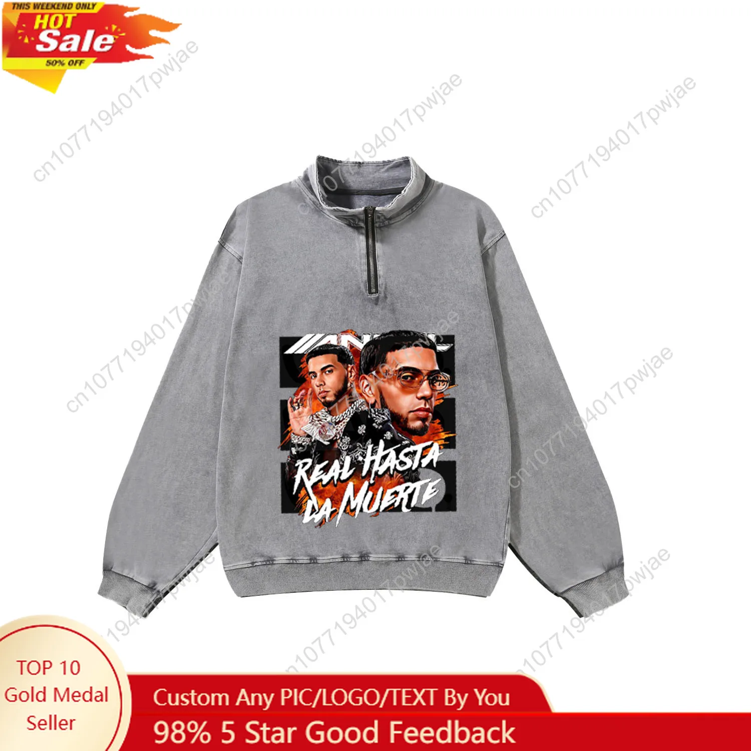 

Anuel AA Real Hasta la Muerte Custom Retro Sweatshirt Mans Womans Half Zipper Vintage Sweat Shirt Photo Custom Made Tops