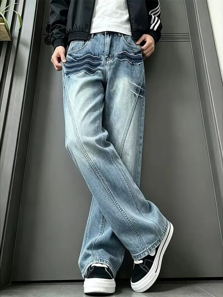 American Washed Lightning Pattern Slanted Cut Knife Jeans Men's High Street Vibe Straight Leg Pants Slim Flared Long Trousers