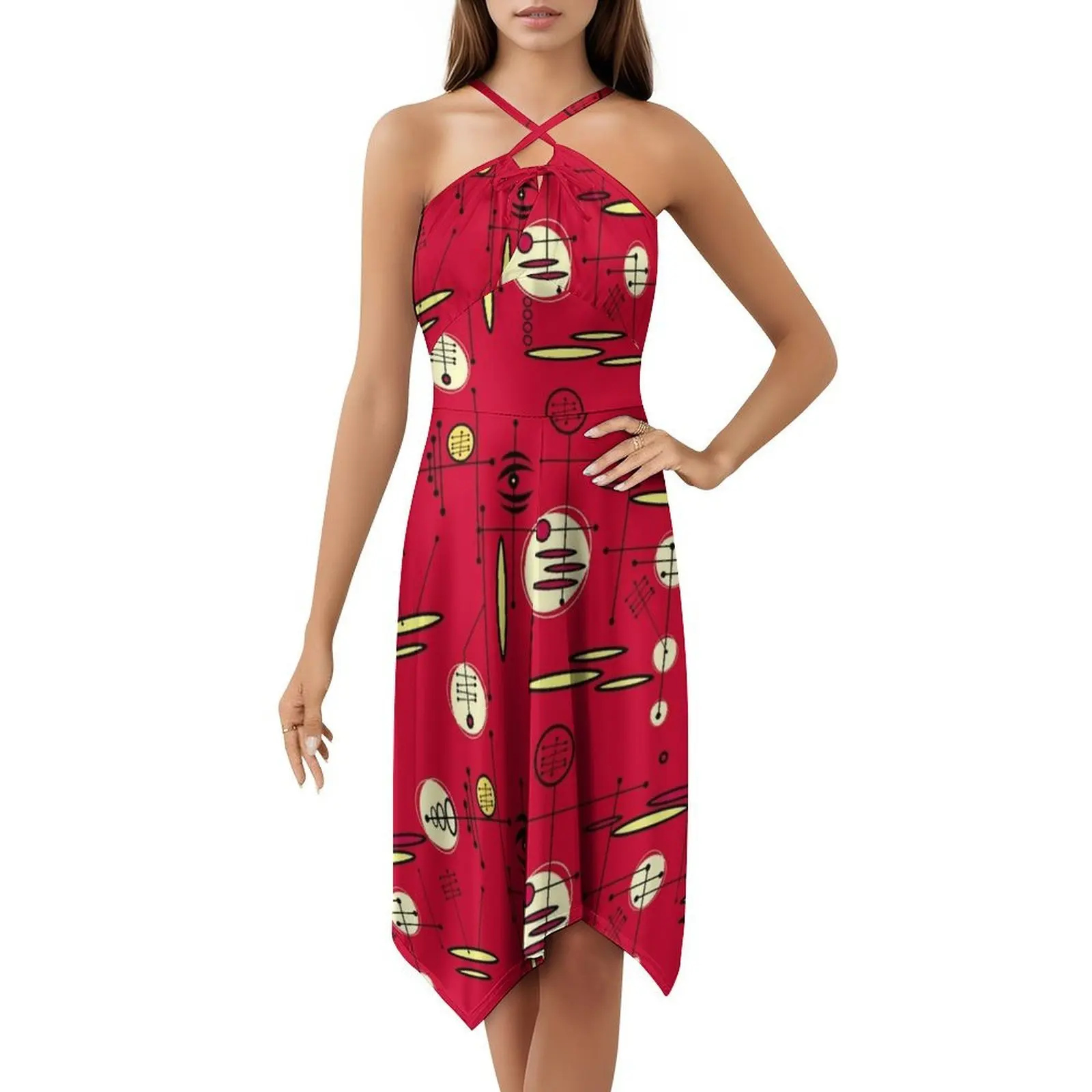 فستان حفلات أنيق للنساء بنمط ريترو رقم 46-أحمر مع خيارات قصيرة/طويلة/بدون أكمام في منتصف القرن #5