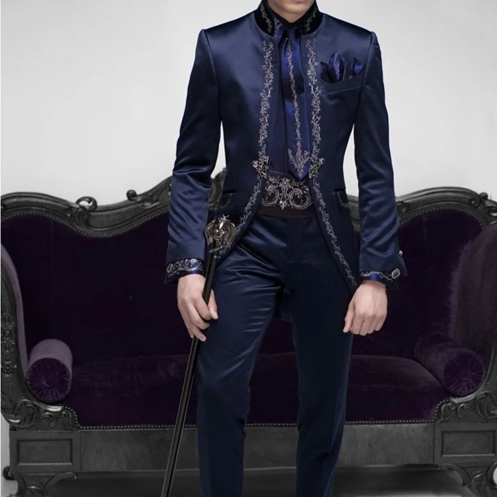 Tailor Made Italian Embroidery Navy Blue Men Suits Slim Fit Groom Prom Tuxedo 2 Piece Male Blazer Luxury Brand Jacket+Pant Terno