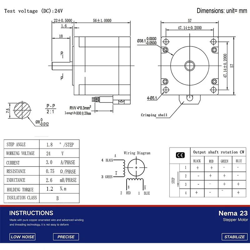 Nema23 Stepper Motor 1.2N.m Bipolar 3.0A Open-loop Steppermotor CNC Mill Lathe Router 3D Printer DIY Robot 57x57x56mm