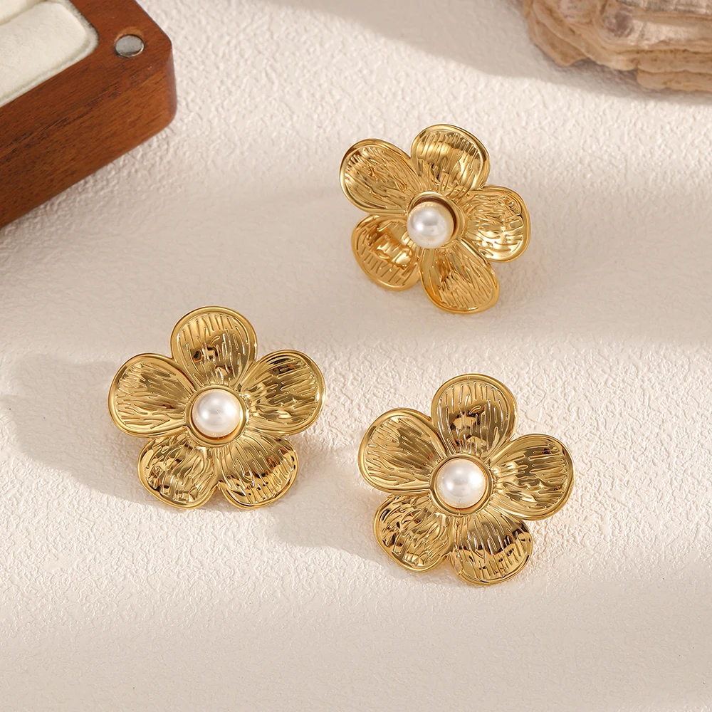 Fashion Pearl Flowers Stainless Steel Ring Earring Set 18K Gold Plated Waterproof Daily Jewelry Accessories for Women