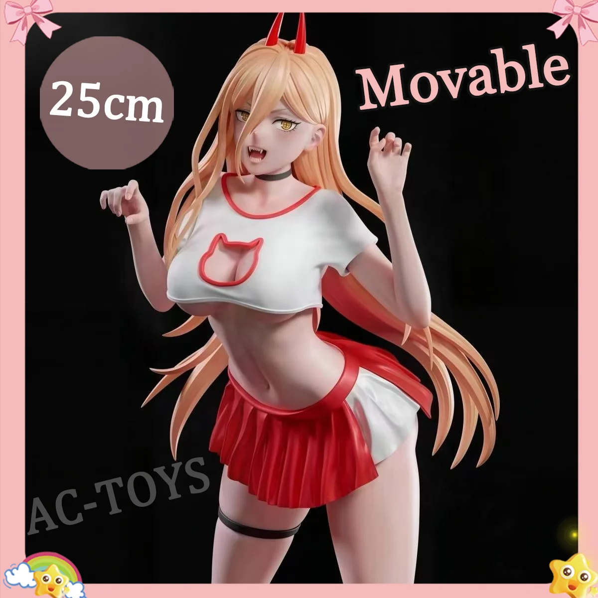 Chainsaw Man Power Figure Red Horns Blonde Hair Cat Ear T-Shirt Skirt Pose Collectible Desk Decor 19cm Sexy Maid Movable PVC Toy
