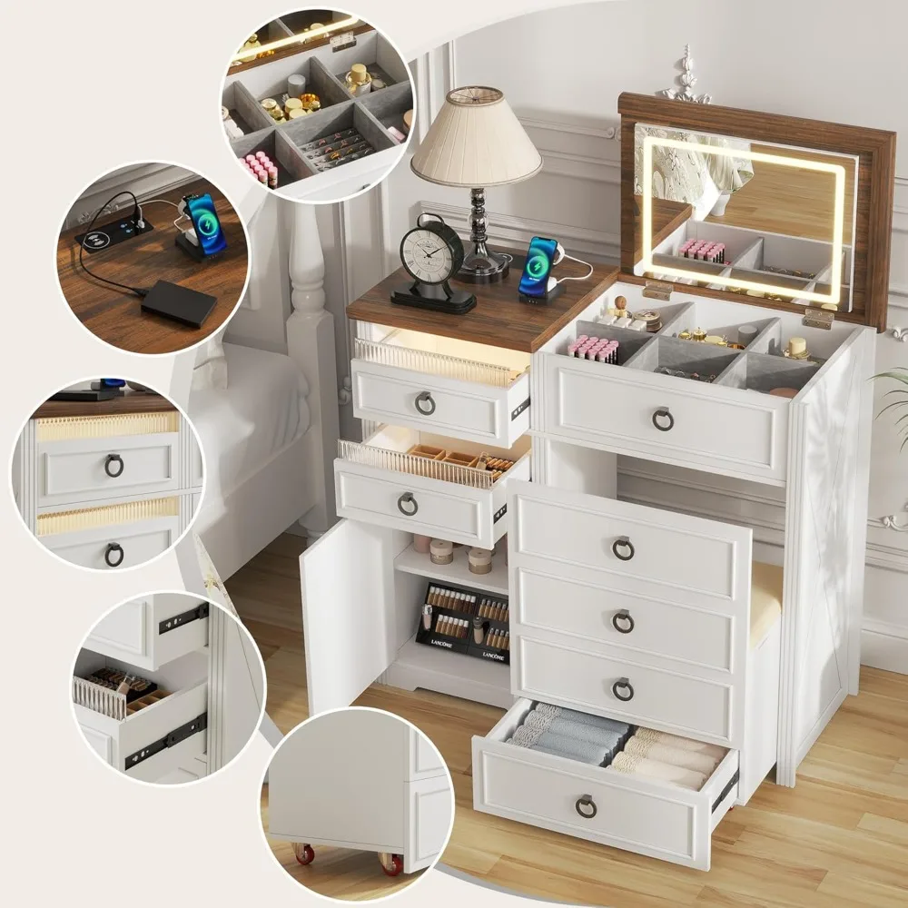 Туалетный столик со светодиодной подсветкой в стиле фермерского дома, ящиками для хранения, скрытым табуретом и зарядной станцией для макияжа и гардероба