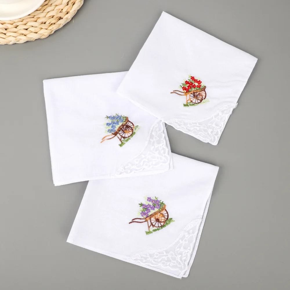 Random 12pcs Pure Cotton Women's Embroidery Wipe Sweat Handkerchief Lace Multi-flower Mixed Embroidery White 28cm