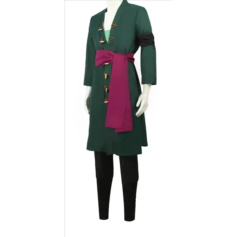 

Anime Roronoa Cosplay Costume Uniform Green Coat Belt Pants Head Scarf Roronoa Zoro Wig Halloween Men