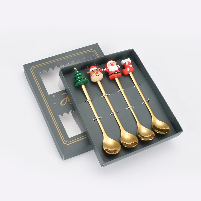 คริสต์มาสช้อนส้อมช้อนส้อมชุด Elk ของขวัญ Christmas Tree Snowman Santa Claus ตกแต่งช้อนขนมหวานผลไม้ส้อมช้อนกาแฟ