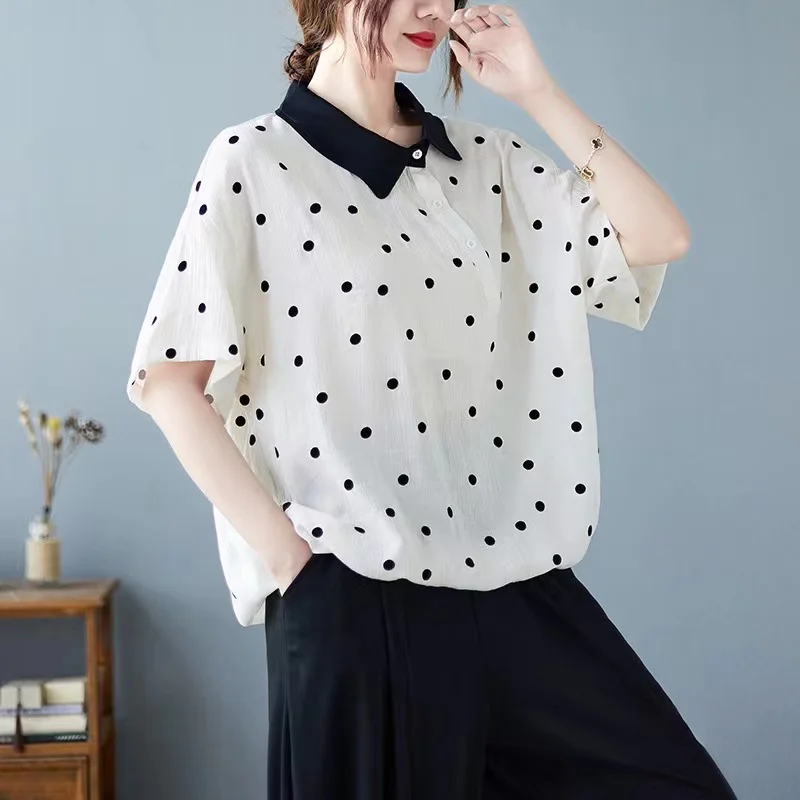 Estate New Sle Loose Casual Polka Dot Design Colletto rovesciato ort Sve Donna irt Versione coreana di grandi dimensioni