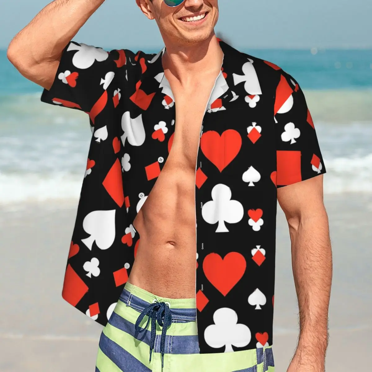 Poker Cards Beach Shirt Red Hearts Summer Casual Shirts Male Elegant Blouses Short Sleeve Stylish Graphic Clothing