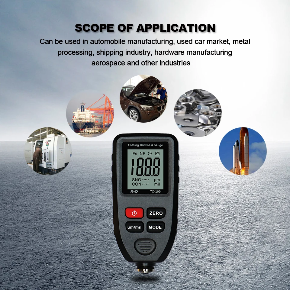 R & D TC100 Mobil Cat Coating Thickness Gauge Cat Mobil Film Thickness Tester Mengukur FE/NFE Bahasa Rusia Manual cat Alat Hitam