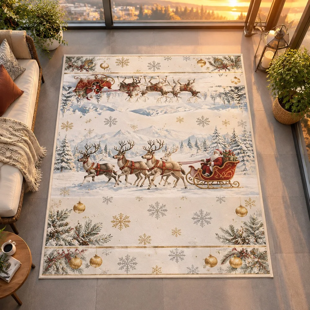 VIKAMA Carpet Rug Ivory White Christmas Reindeer Sleigh Snow Scene Window Seat Coffee Table Christmas Home Decor