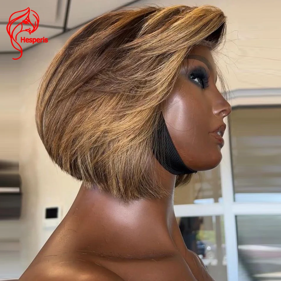 Hesperis Blonde Highlight Human Hair Wigs Side Part Pixie Cut Brazilian Remy13x6 Short Bob Lace Front Wig PrePlucked Wear And Go