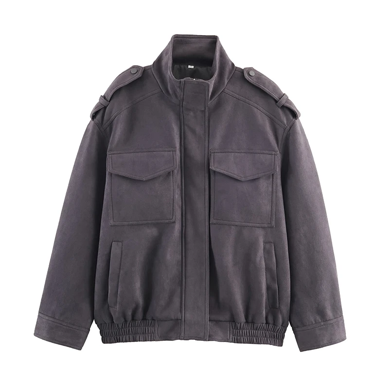 

2025 Women Autumn Winter Faux Suede Jacket Long Sleeve Stand Collar With Pockets Loose Coat Female Outerwear