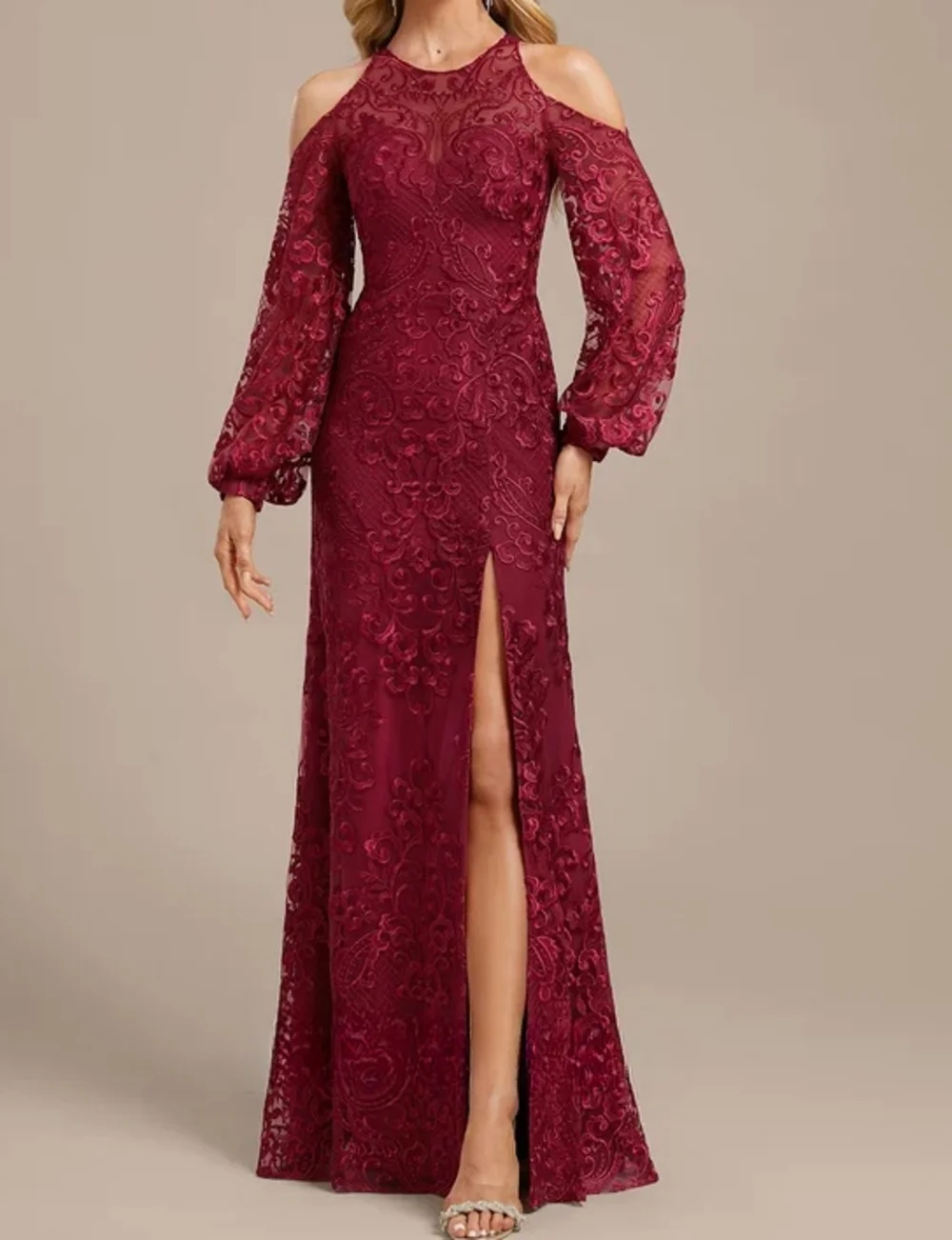 2025 Luxury Gown  Burgundy Red Evening Dress Long Sleeve O-Neck Sequined Beading Detachable Train Formal Occasion Pretty Women