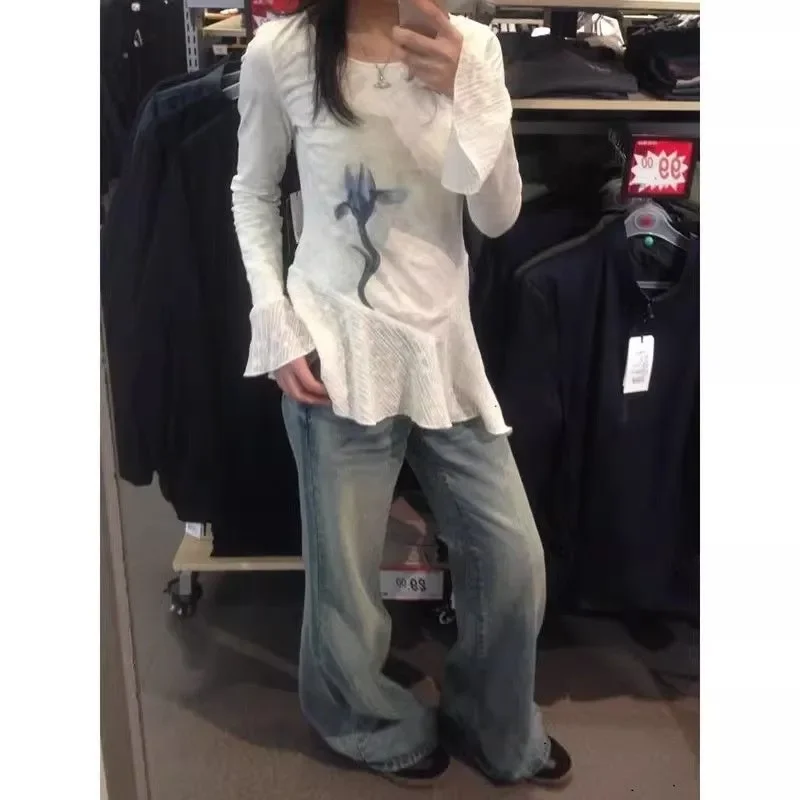 

Тонкая футболка с длинными рукавами для девочек, женская осенняя футболка с креативным принтом и нерегулярным дизайном, нижний топ