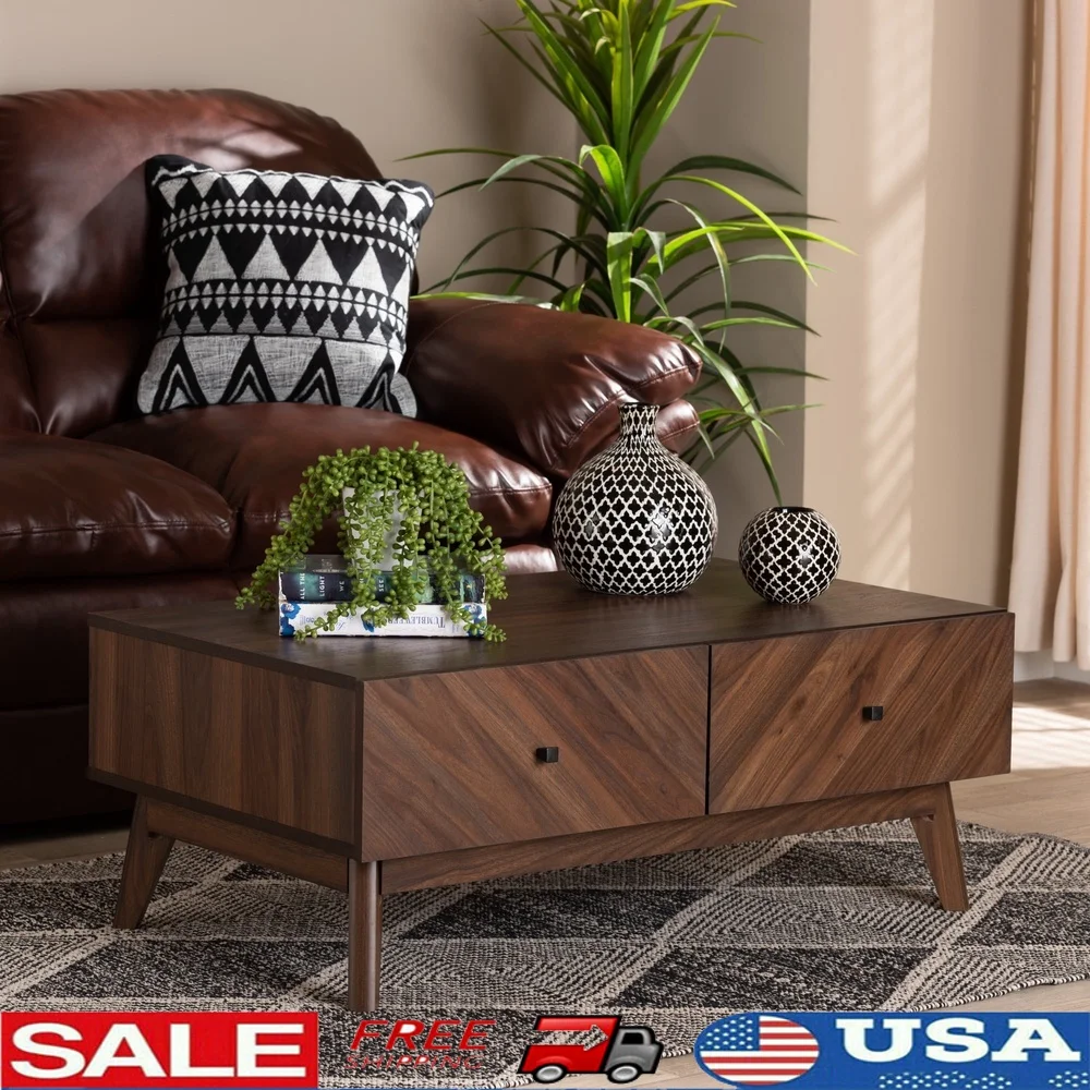 

Современный журнальный столик из орехового коричневого дерева середины века с выдвижными ящиками для хранения и открытой полкой для сборки гостиной