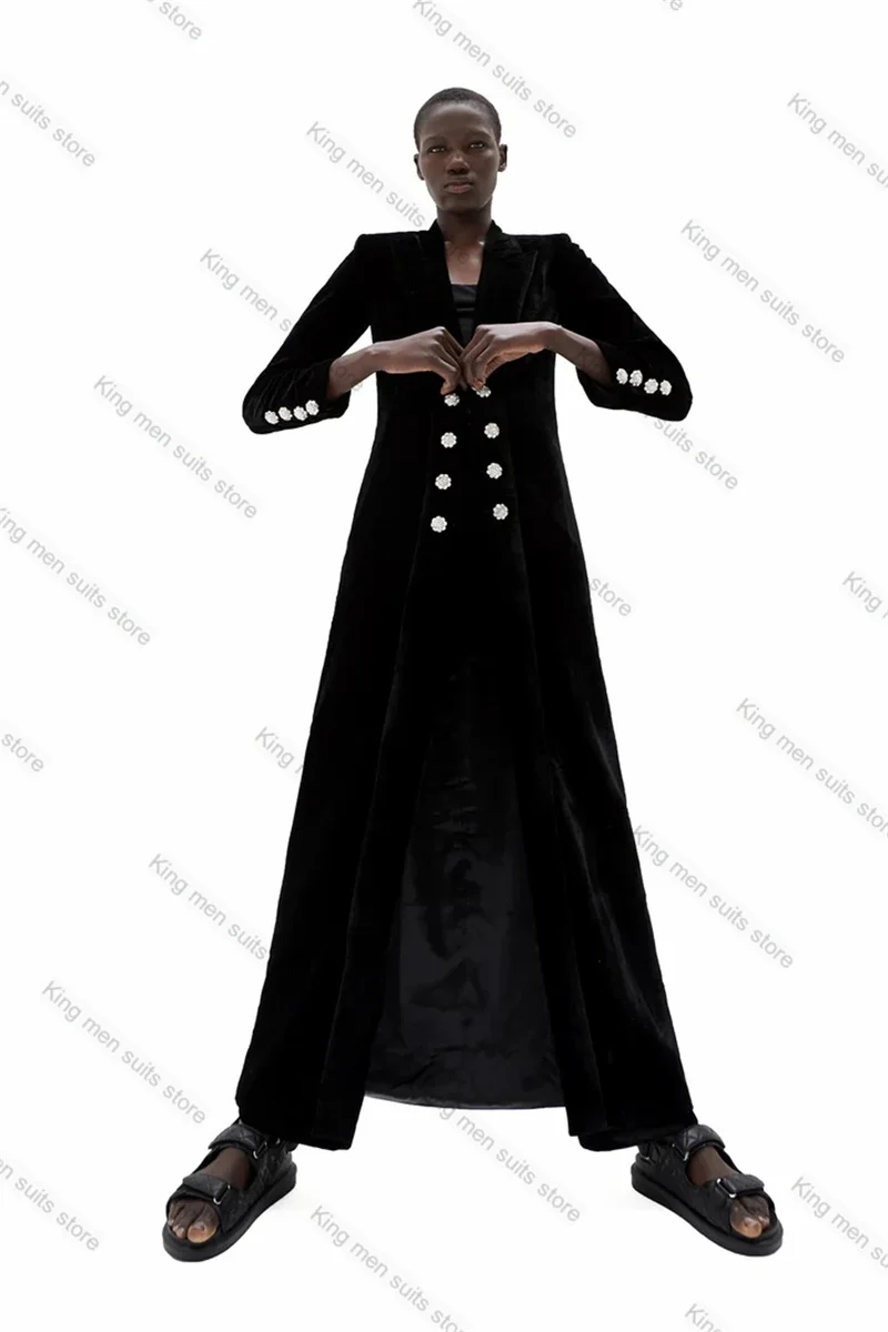 Black Velvet Women Suits Long Blazer Prom Dress Formal Crystals Office Lady Double Breasted Coat Outfit Tailored Jacket