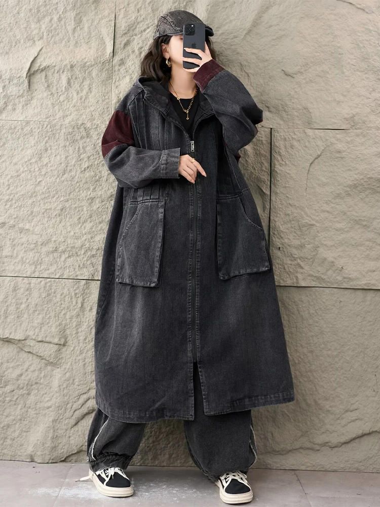 Amax LuluE Brand Fall Ladies Casual Oversized Hooded Vintage Denim Trench Women Classic Loose Long Clothes Fashion Windbreakers