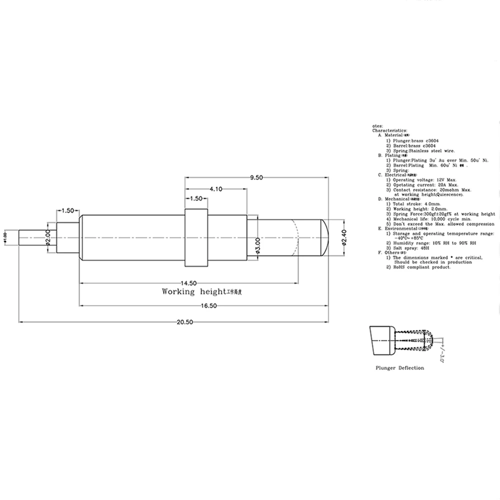 20A high current pogopin spring needle thimble probe 20.5*2.0mm Retractable Spring Test Probe Pogo Pin