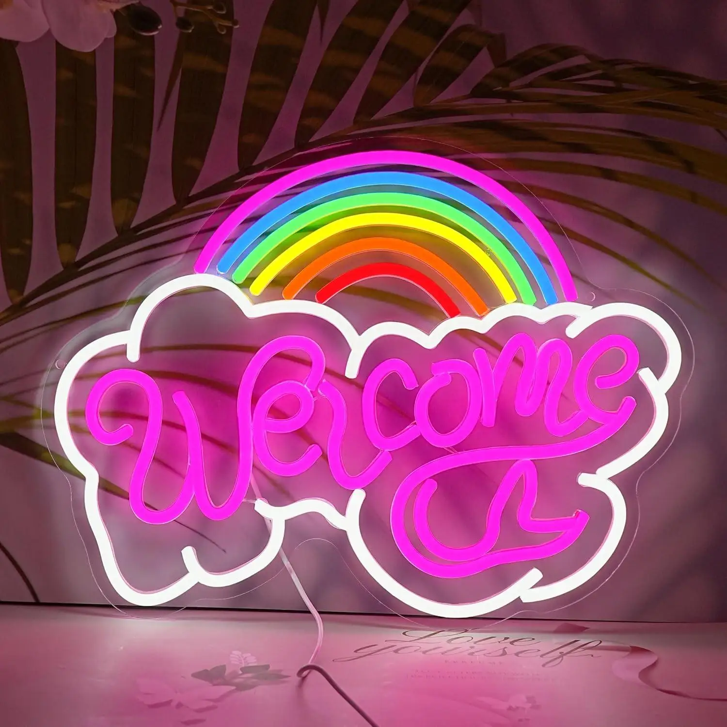 Rainbow Welcome Neon Sign USB Dimmable LED Neon Light For Living Room Wedding Party Shop Business Wall Backdrop Decoration Gifts