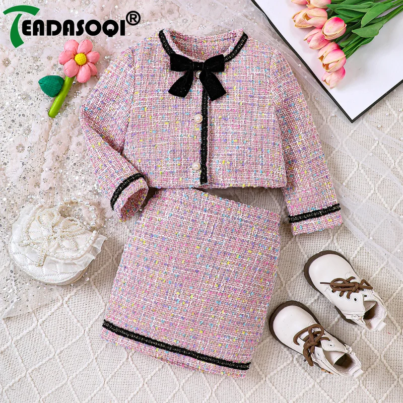 

Fashion Girls Children Clothes Suit Long-sleeved Woolen Bow Casual Jacket Coat Top with Hip Wrap Skirt 2Pcs Set Kids Clothing