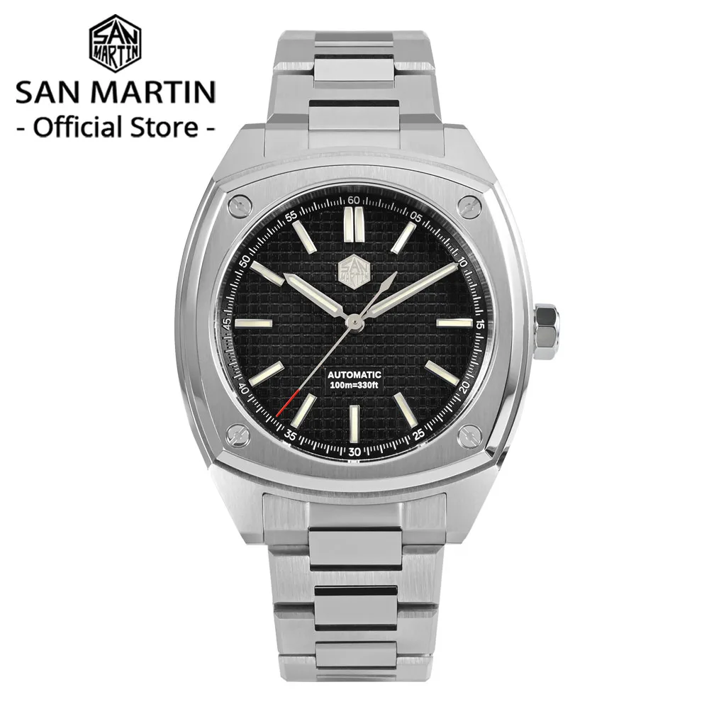 San Martin 39.5mm Men Watch 3D Waffle Dial Original Design Stainless Steel Wristwatch PT5000 SW200 Automatic Mechanical SN0026