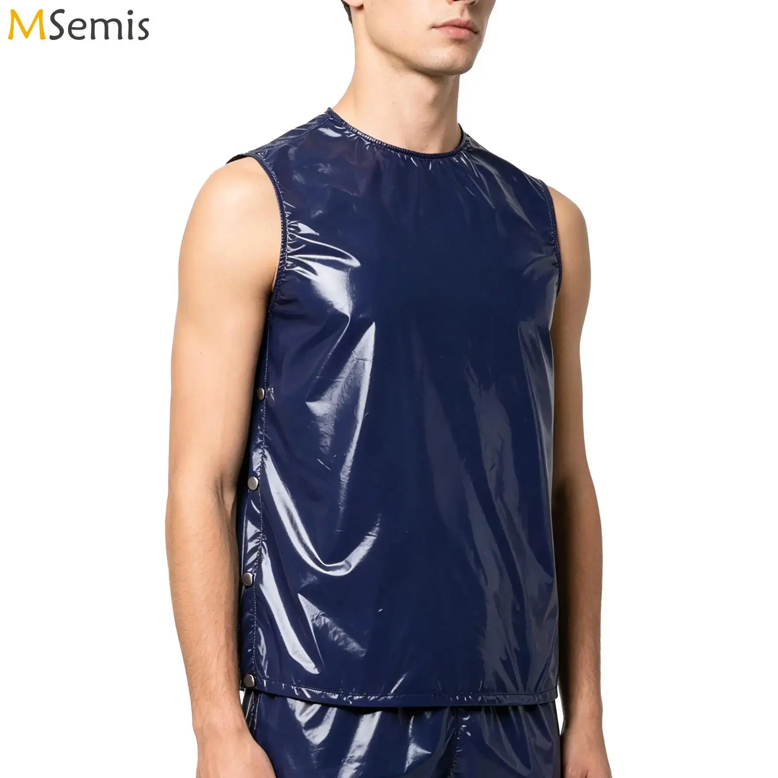 Mens Vinyl Waterproof Reusable Tank Tops Streetwear Sleeveless Gymnastics Shiny Body Sides Press Buttons Vest Wet Look Clubwear