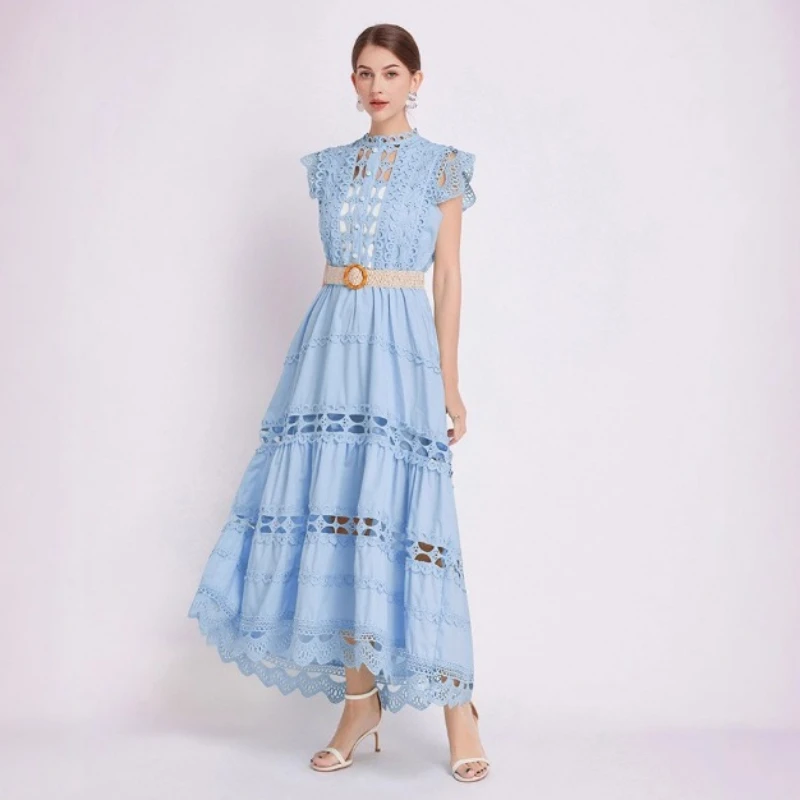 Luxo high-end vestido de festa feminino vestidos gola alta recorte bordado renda sem mangas magro vestido elegante de alta qualidade