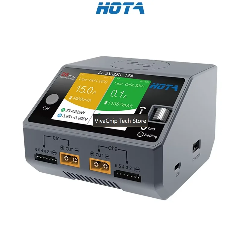 VivaCTHOTA D6 Dual Smart Charger DC650W 15A Maximum Current 1600mA Built-in Micro USB For 1-6S Lipo LiHV/NiZn/Nicd/NiMH Battery