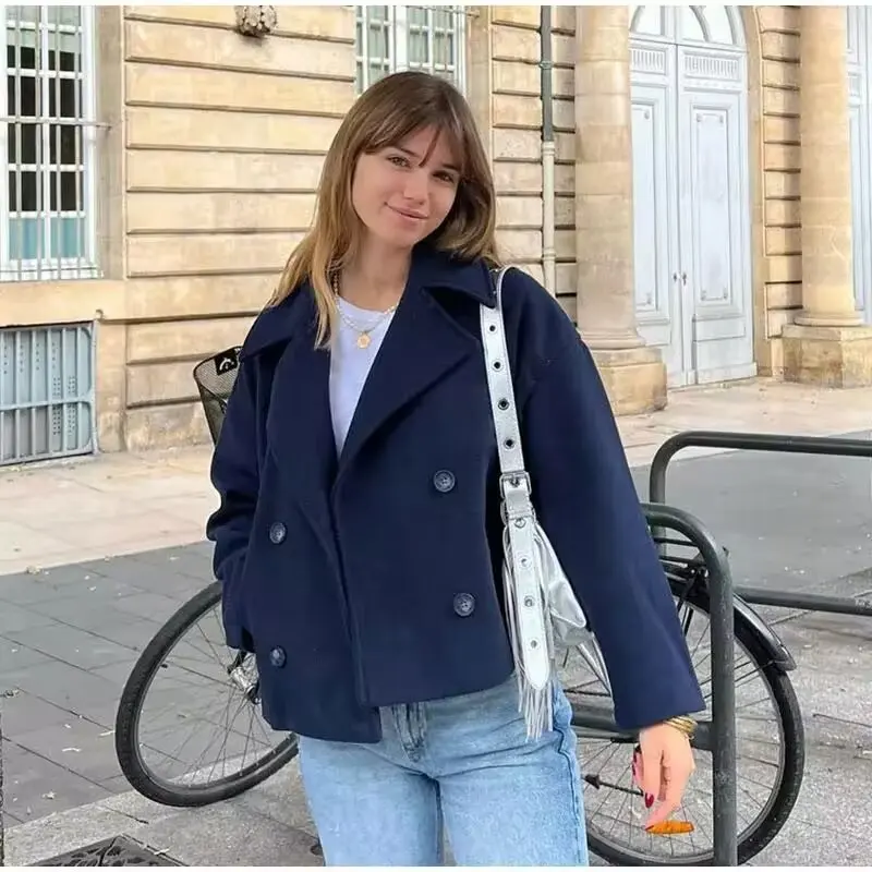 Veste Courte à Double Boutonnage pour Femme, Décontractée, Col Rabattu, Chic, Saison Demi, Automne Hiver