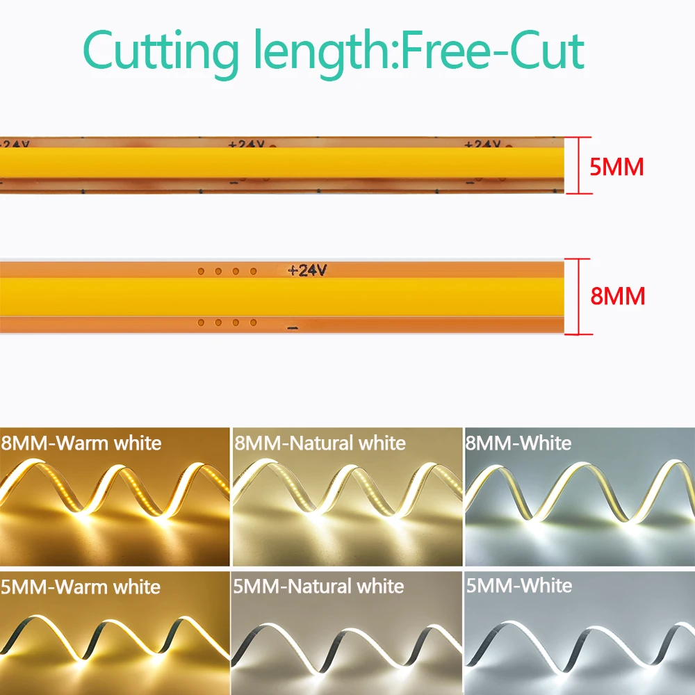 5mm 8mm PCB COB LED Strip Light 12V 24V Free Cut 400LEDs/M High Density Flexible Tape 2PIN Wire Home Decor Warm Natural White