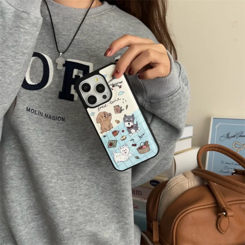 Leather striped blue and white autumn picnic puppy phone case with Plush ball phone chain for iPhone 12 13 14 15 16 Pro max