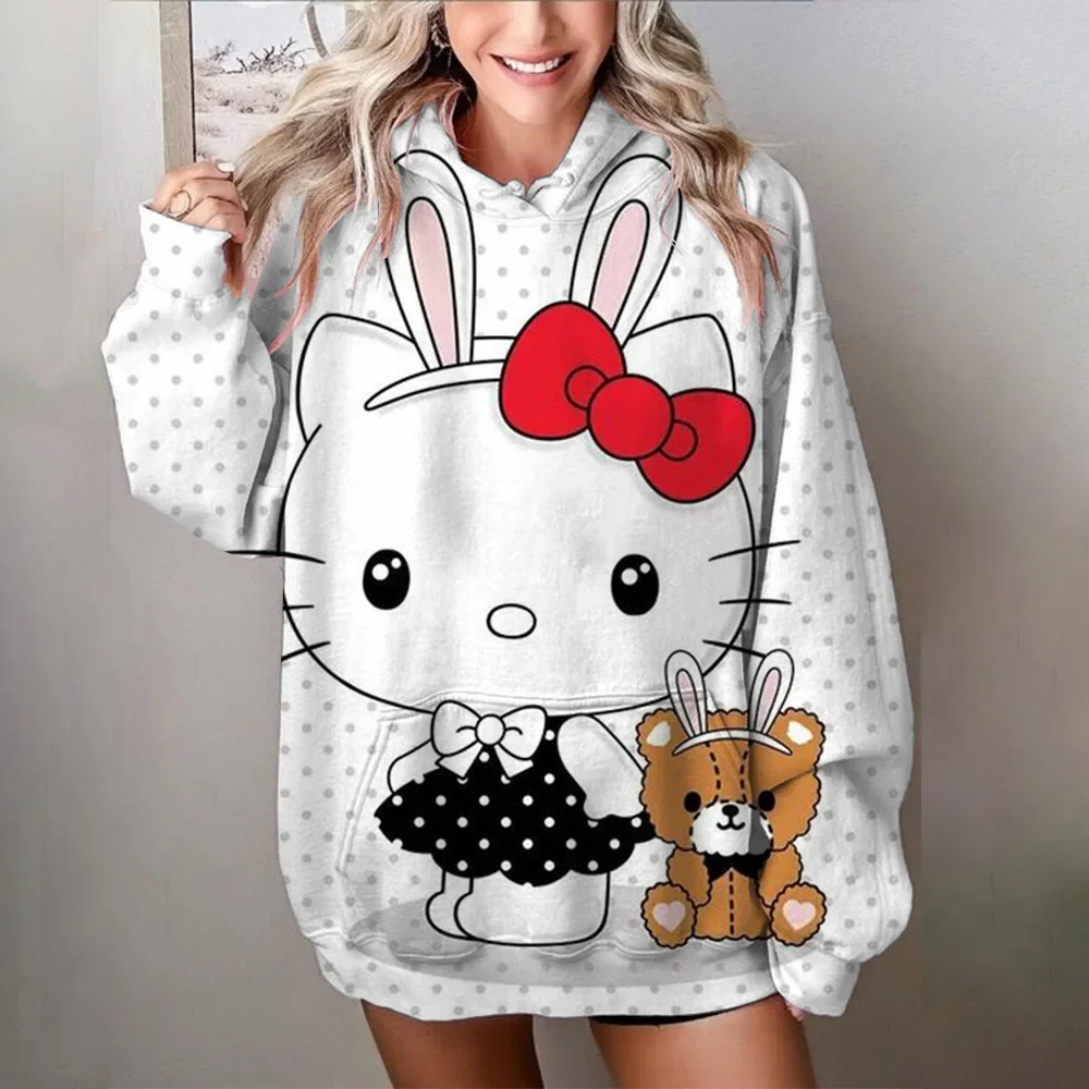 

Женская мода, удобная женская толстовка с длинными рукавами, пуловер Hello Kitty, свободный модный пуловер, женская уличная одежда