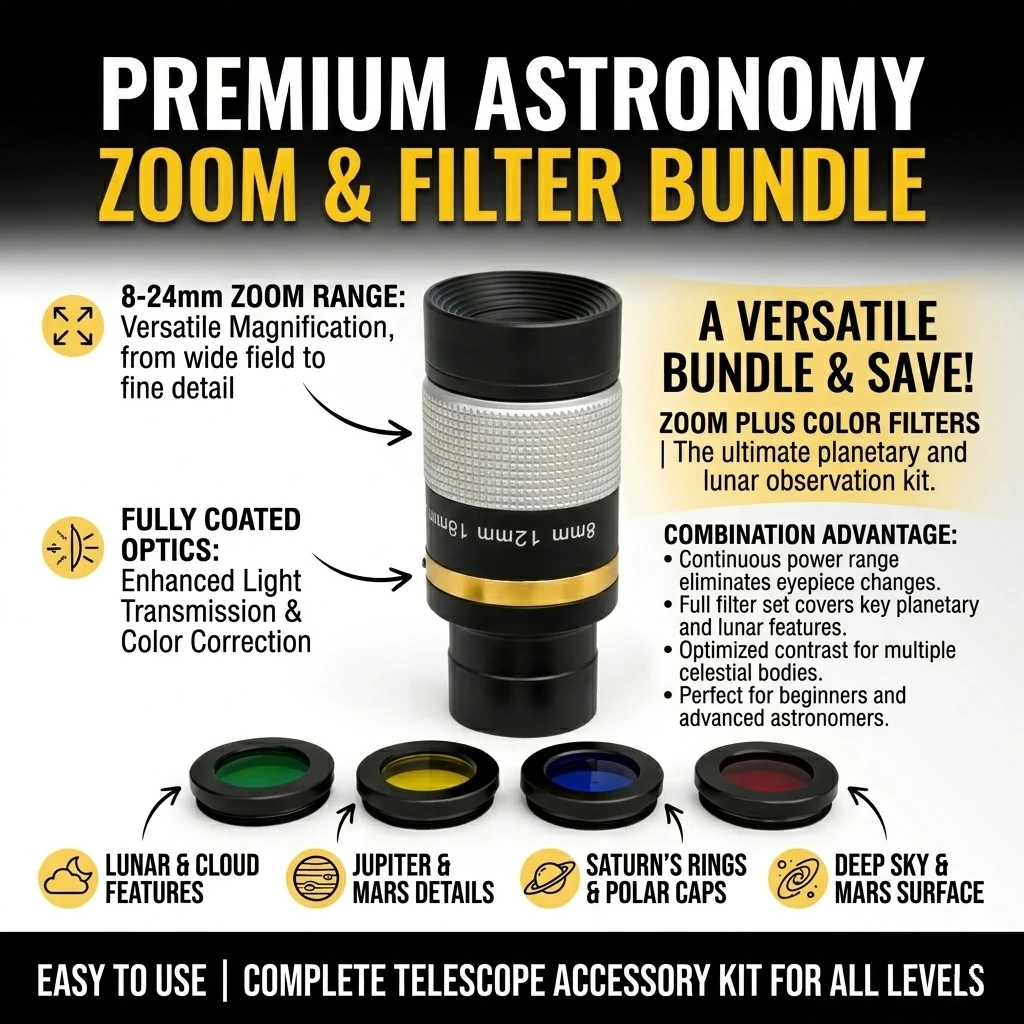 

8-24mm Continuous Zoom Eyepiece & Astronomy Filter Bundle, 1.25 Inch Telescope Accessories with Moon/Jupiter/Saturn Color Filter