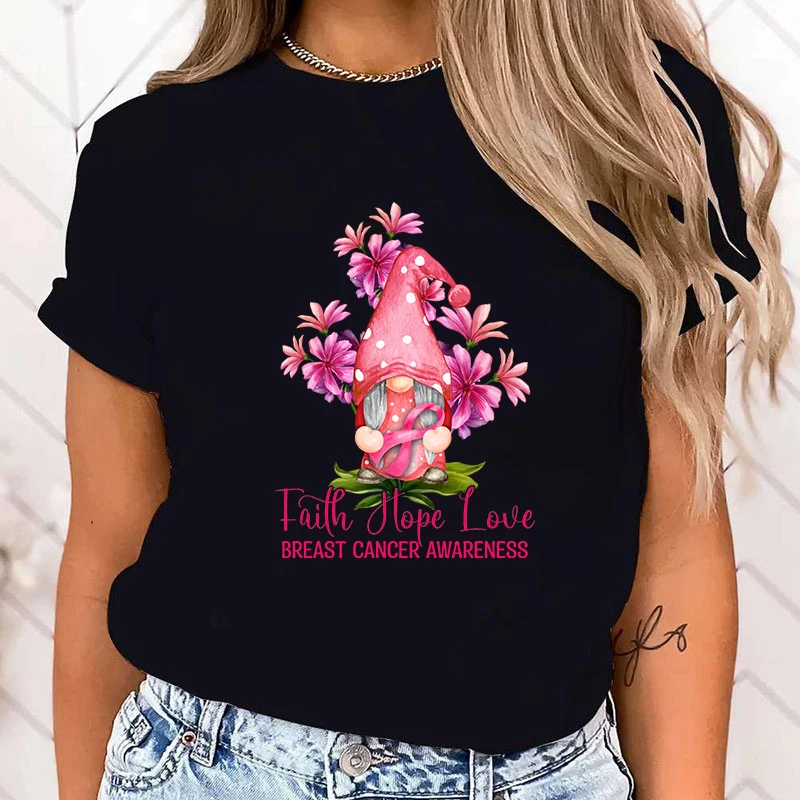 (High Quality Clothes)Hot Breast Cancer Awareness Faith Hope Love Gnome Graphic Short Sleeve T-Shirts For Women Shirts Loose Top