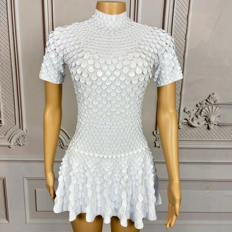 White Shell Glitter Short Sleeved Festival Dress Women Group Dance Team Performance Party Dress Stage Evening Outfit XS9795